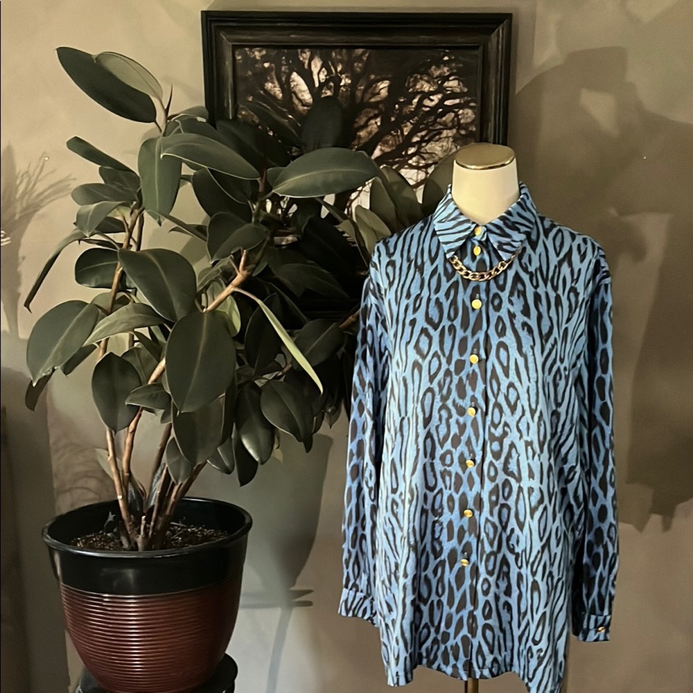 Blue and Black Button Down Shirt with Animal Print